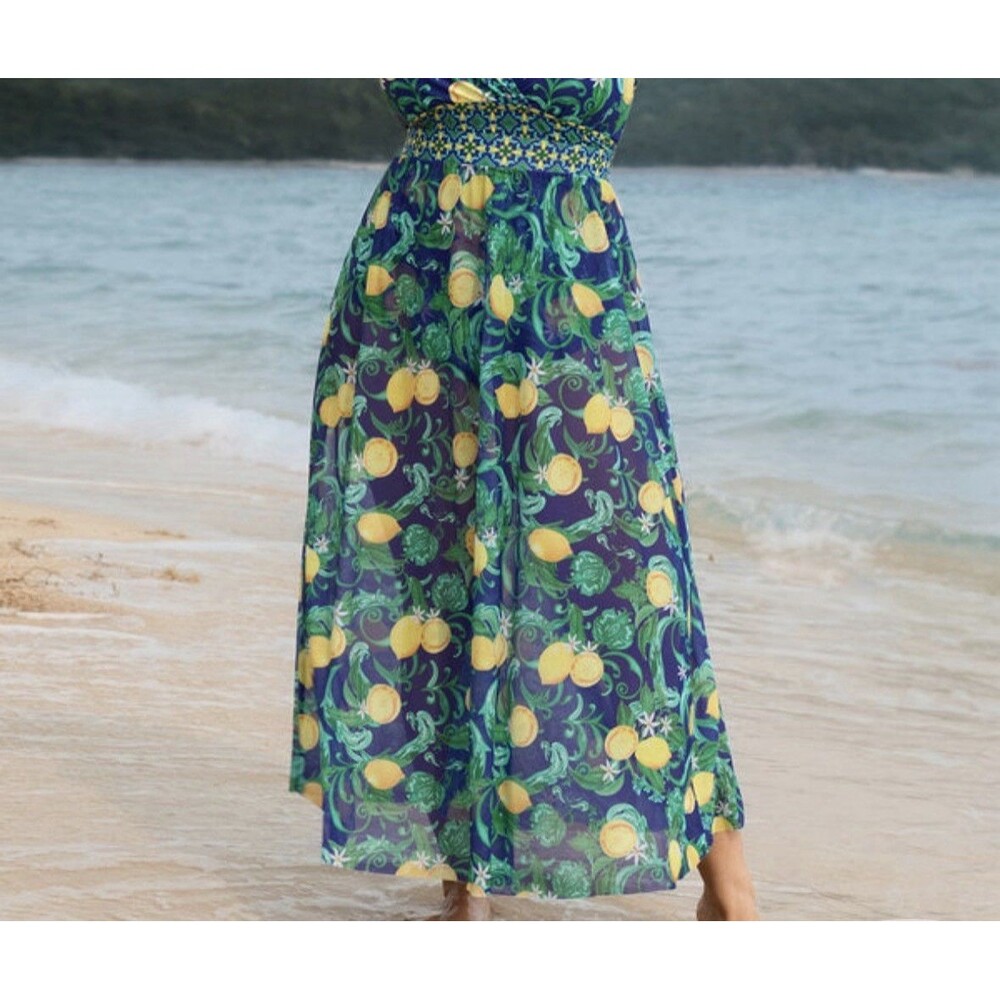 BloomChic Citrus Lemon Sarong Beach Cover Up Skirt ONLY Sheer Size 14-16 Blue